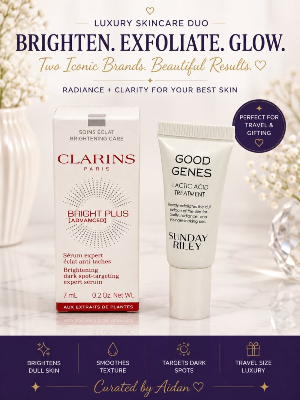 Clarins Bright Plus 7ml Serum + Sunday Riley Good Genes Lactic Acid Mini